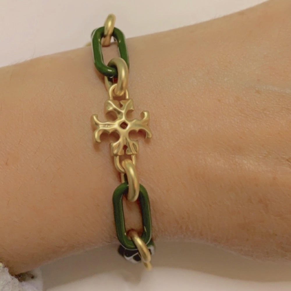 Tory Burch Roxanne green enamel chunky chain bracelet